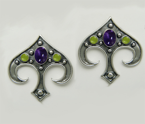 Sterling Silver Gothic Inspired Drop Dangle Earrings With Iolite And Peridot